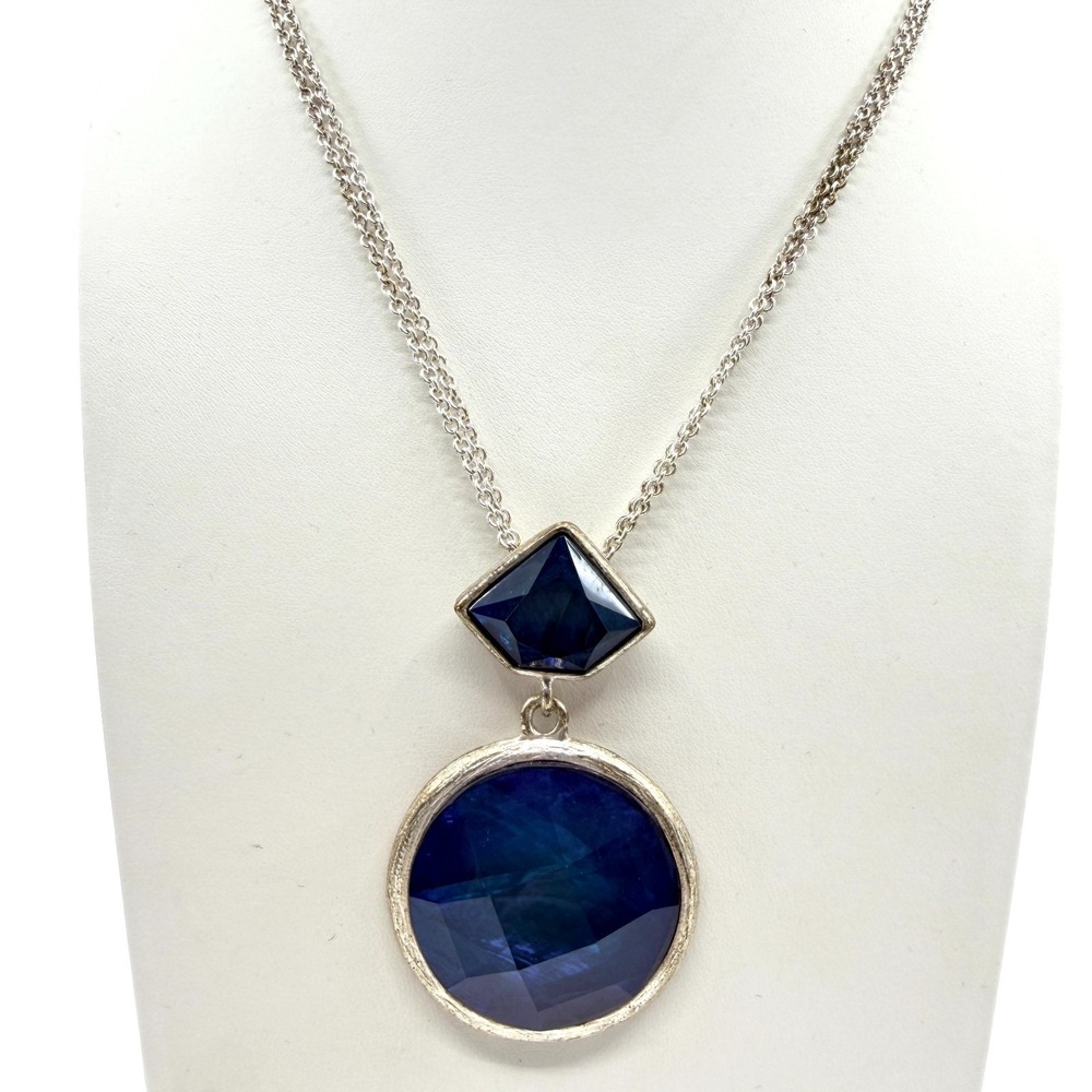 Vintage Cobalt Blue Silver Tone Pendant Layered Chain Necklace